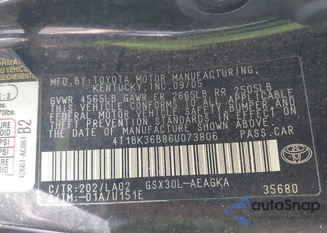 2006 Toyota Avalon Xls z USA, uszkodzony, nr VIN 4T1BK36B86U073806